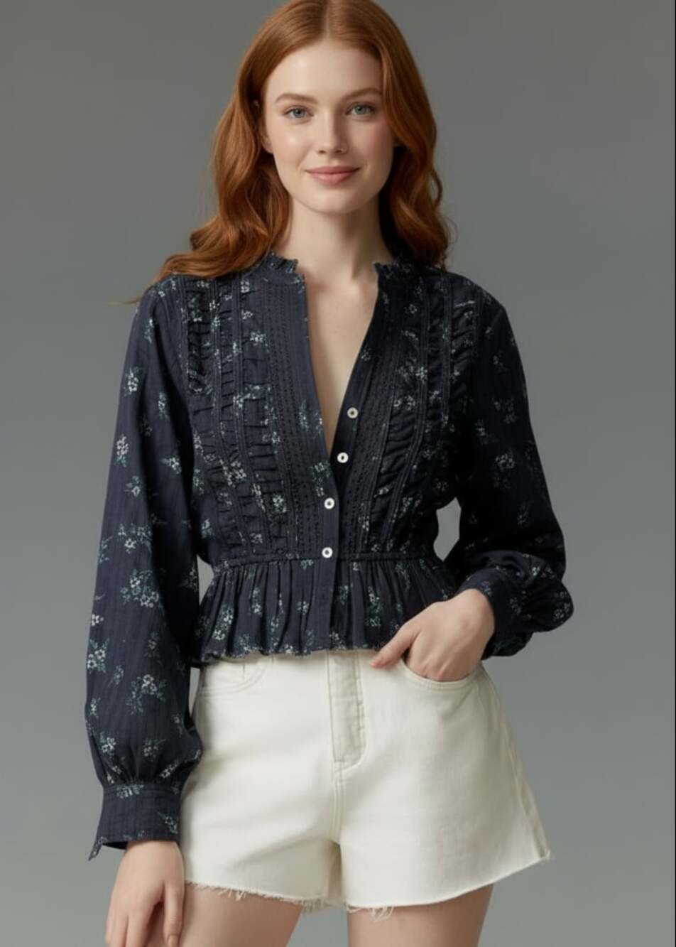 Pilcro Navy Floral Pintuck Peplum Blouse
